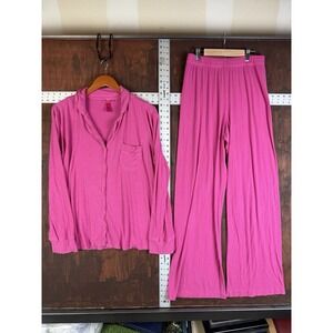 SKIMS Soft Lounge Two-Piece Rib Sleep Set Pajamas Top + Bottoms Hot Pink Medium